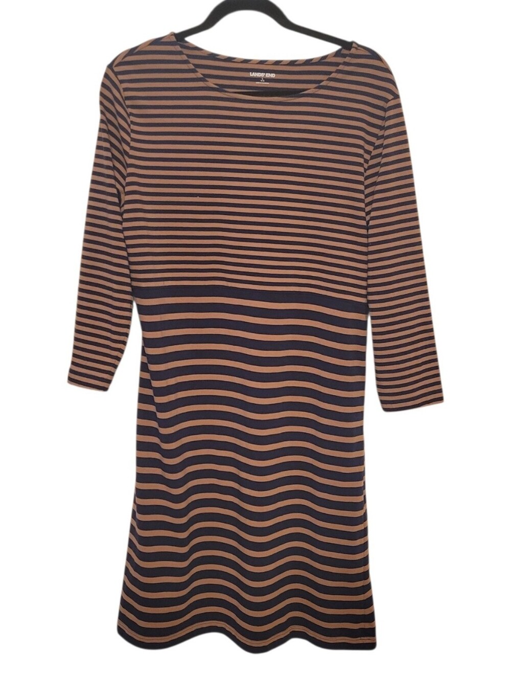 Lands End Brown & Dark Blue Striped Cotton Shift Dress Size Large 14-16